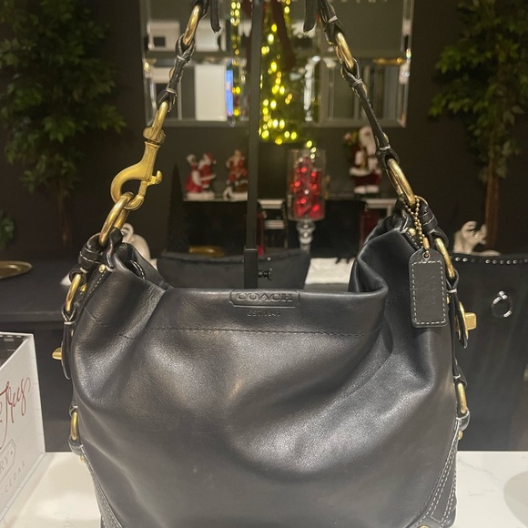 Coach Black Leather Shoulder Bag with Brass Accents - Picture 8 of 14